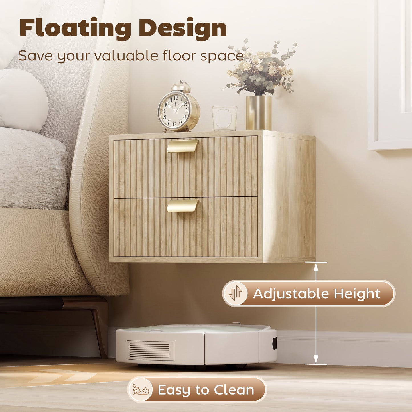 Modern Floating Nightstands Set of 2, Wall Mounted Bedside Tables with 2 Drawers, Oak