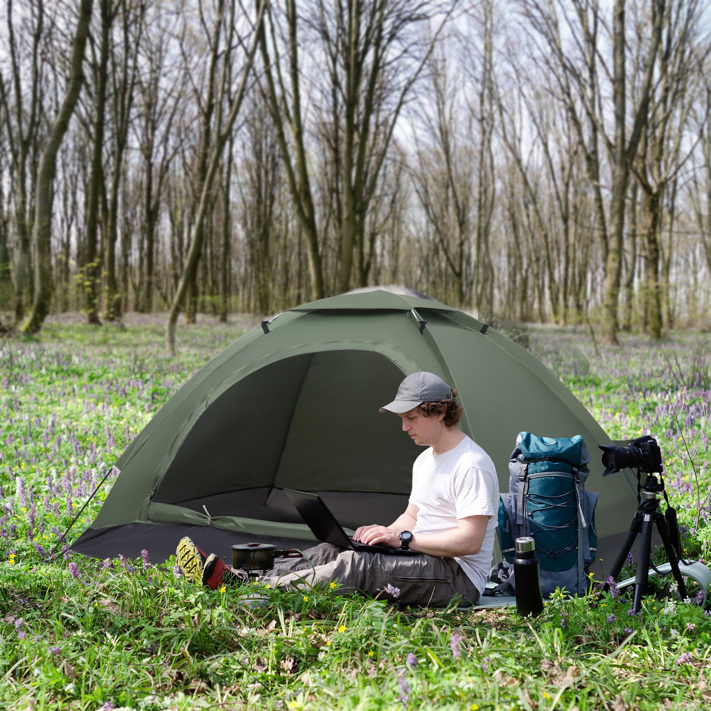 2 Person Camping Tent, Camouflage Tent with Zipped Doors, Storage Pocket, Portable Handy Bag, Dark Green