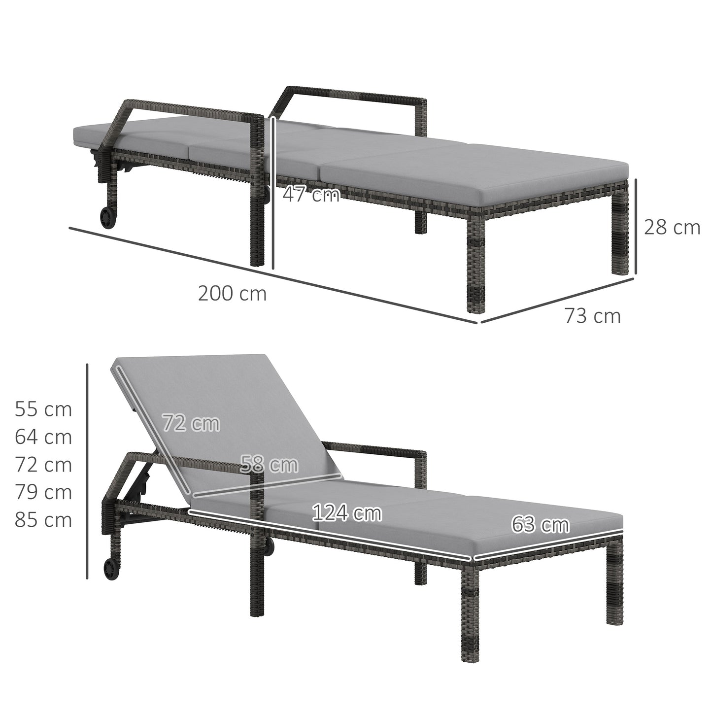 Outdoor Sun Lounger, Rattan Wicker Chaise Recliner with 5-Level Adjustable Backrest and 2 Wheels