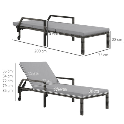 Outdoor Sun Lounger, Rattan Wicker Chaise Recliner with 5-Level Adjustable Backrest and 2 Wheels