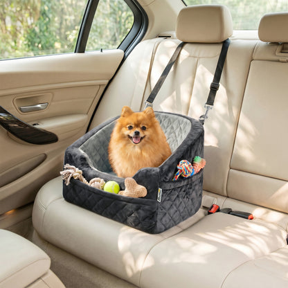 Dog Car Seat, Detachable Washable Dog Booster Seat with Thick Cushion, Seat Belt, Pockets for Small Under 10kg, Grey