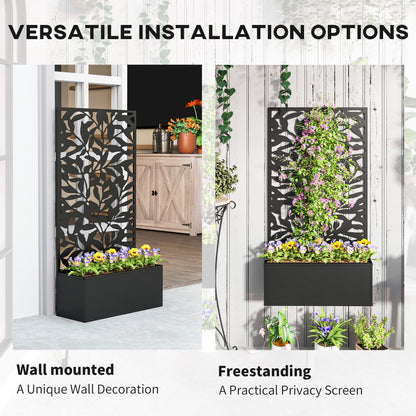 Metal Garden Bed with Trellis, Wall Mounted or Freestanding Raised Planter with Privacy Panel, Black