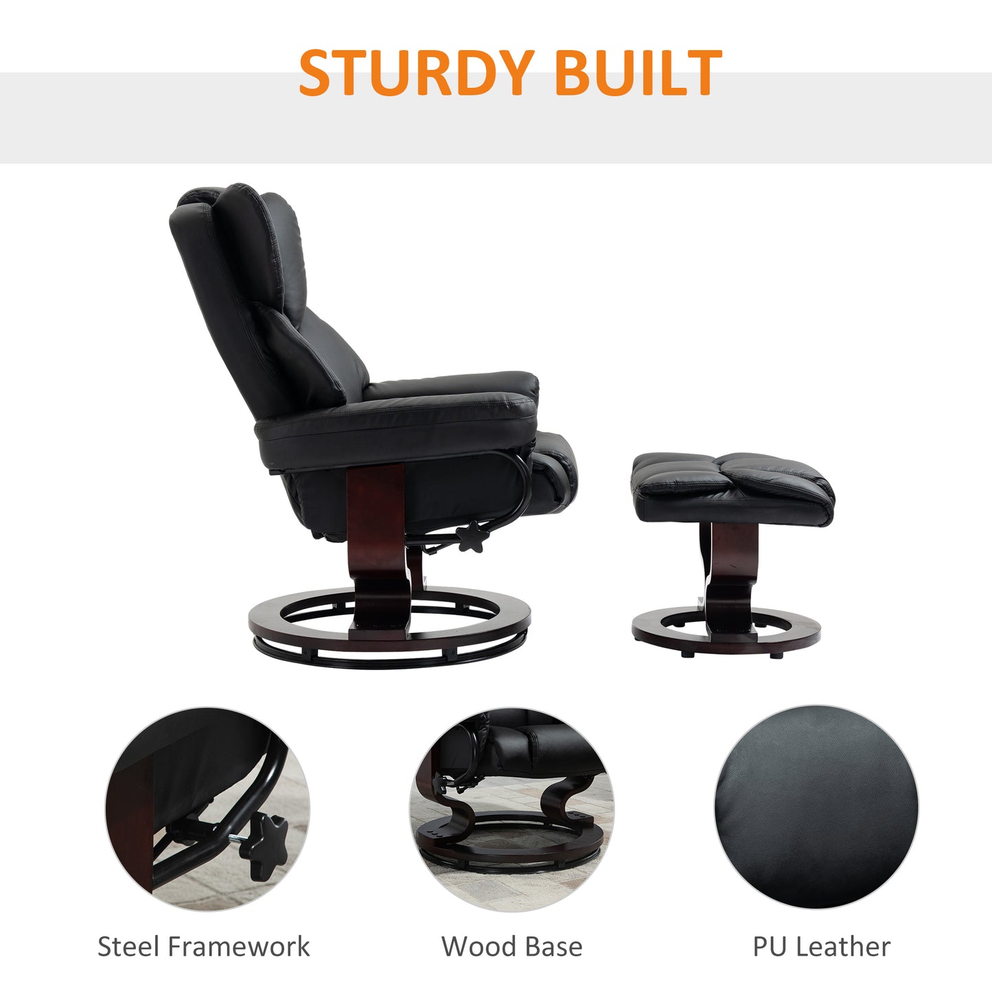 360° Swivel Recliner Chair with Footstool, PU Leather Manual Recliner Armchair with Footstool, Solid Wood Base