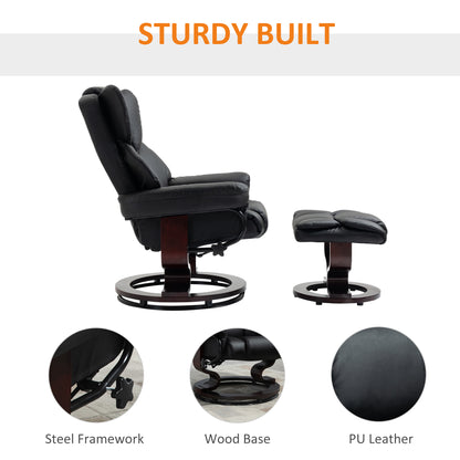 360° Swivel Recliner Chair with Footstool, PU Leather Manual Recliner Armchair with Footstool, Solid Wood Base