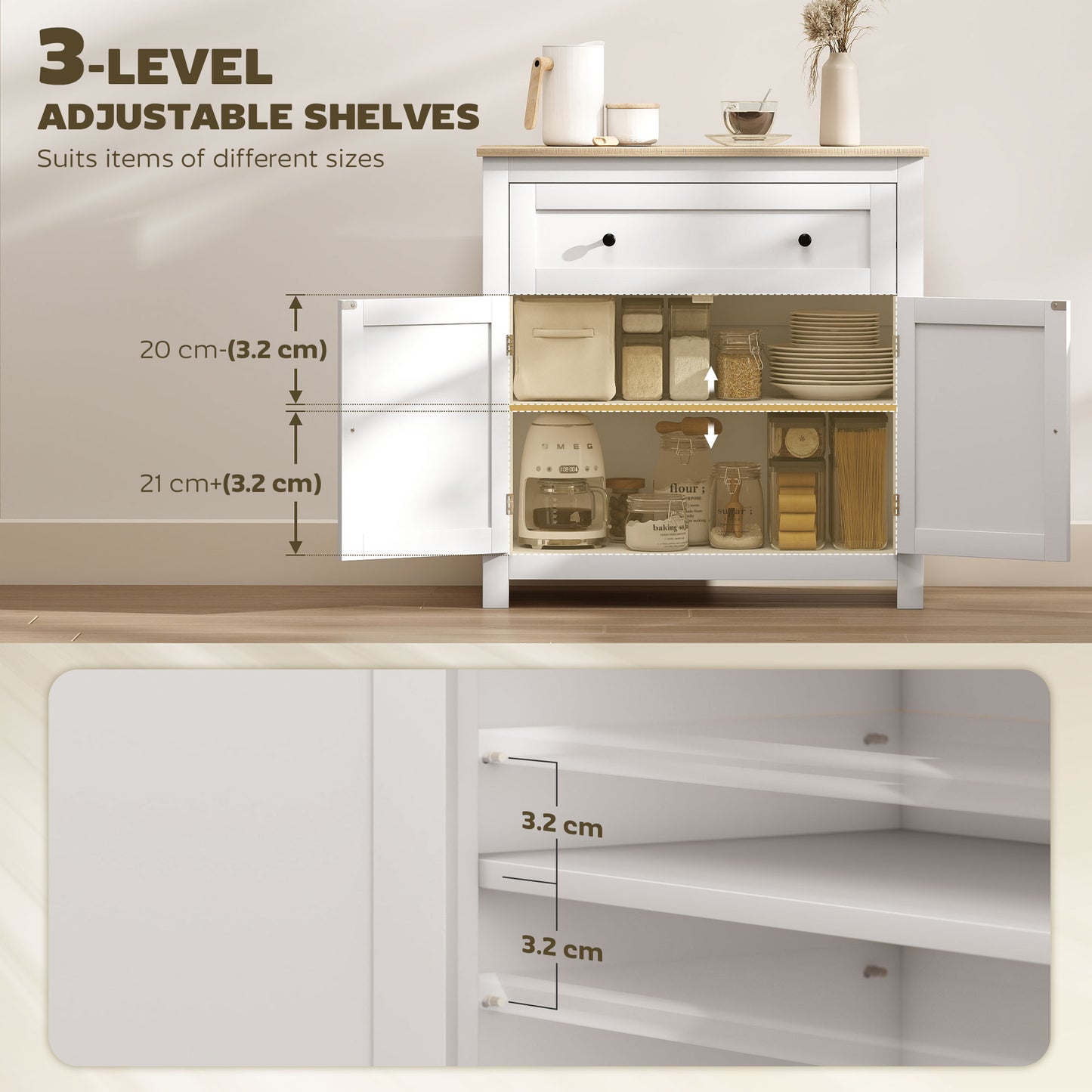 Sideboard Storage Cabinet, Morden Kitchen Cupboard with Adjustable Shelf, Drawer and Double Doors, Sideboard for Living Room