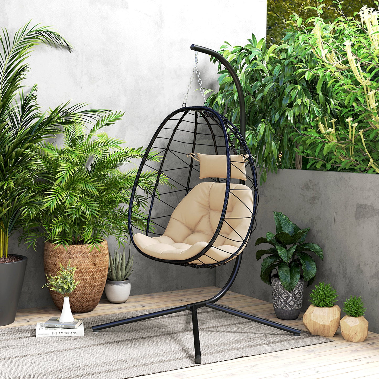 Hanging Egg Chair Outdoor Indoor Garden Swing Chair with Folding Basket, Thickened Cushion, Garden Hanging Chair with Stand