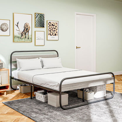 4ft6 Double Bed Frame, Industrial Style Metal Platform Bed Frame with Under Bed Storage, No Box Spring Needed, Easy Assembly