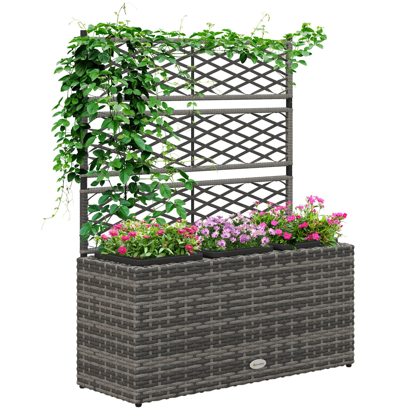 33L Garden PE Rattan Planter with Trellis, Free Standing Flower Raised Bed for Garden, Garden Planter for Climbing Plants