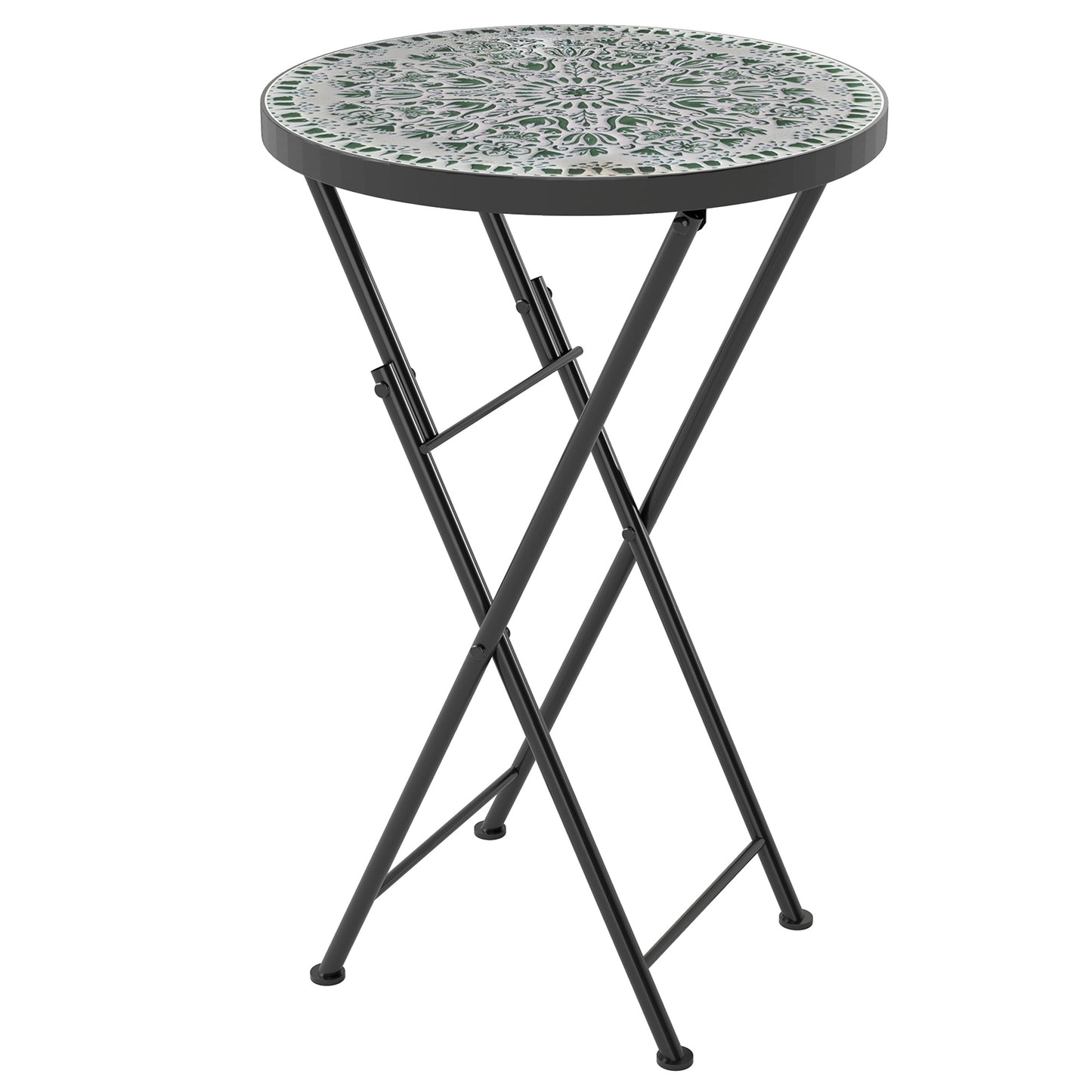 Mosaic Outdoor Garden Table, 35.5cm Round Folding Coffee Table with Metal Frame for Balcony Terrace, Green