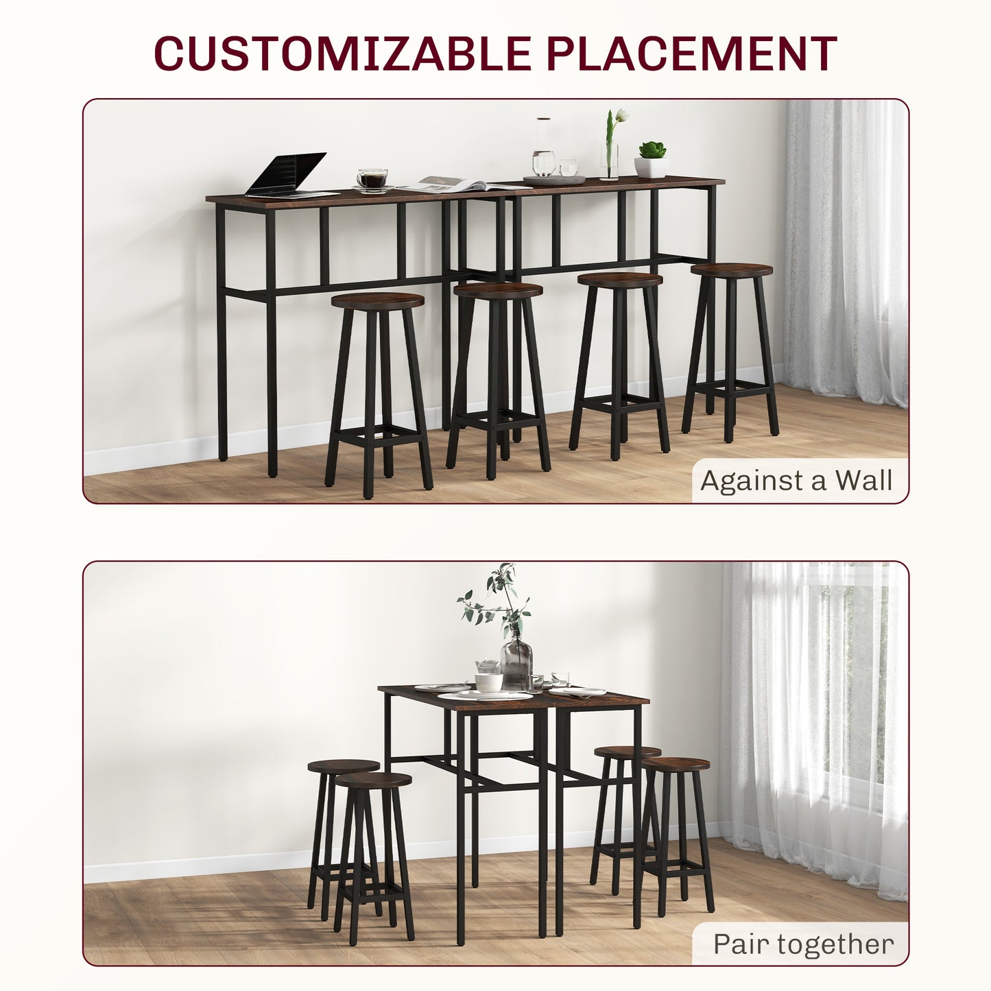 6-Piece Industrial Bar Table Set, 2 Breakfast Tables with 4 Stools Brown