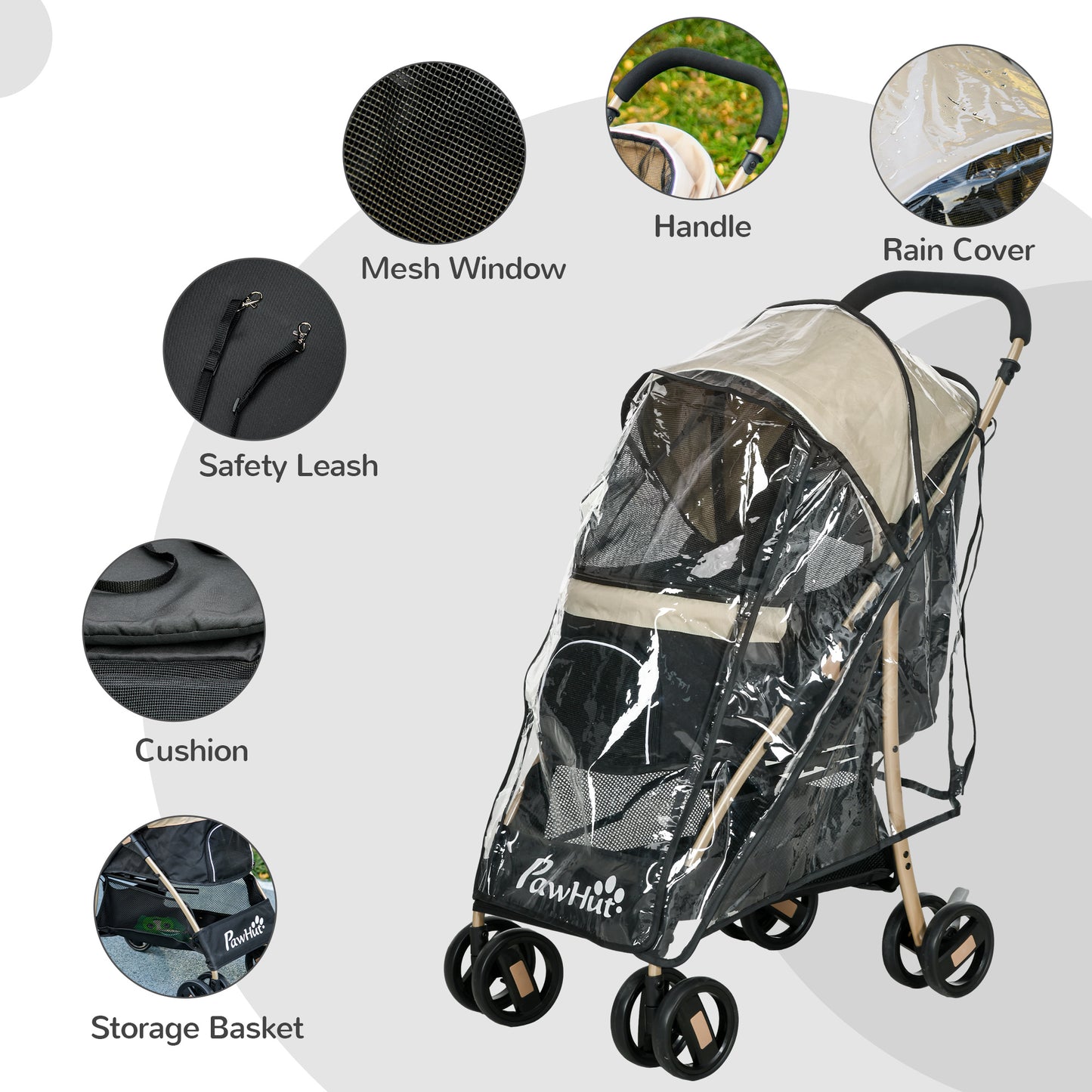 Pet Stroller for Small and Miniature Dogs, with Rain Cover - Khaki