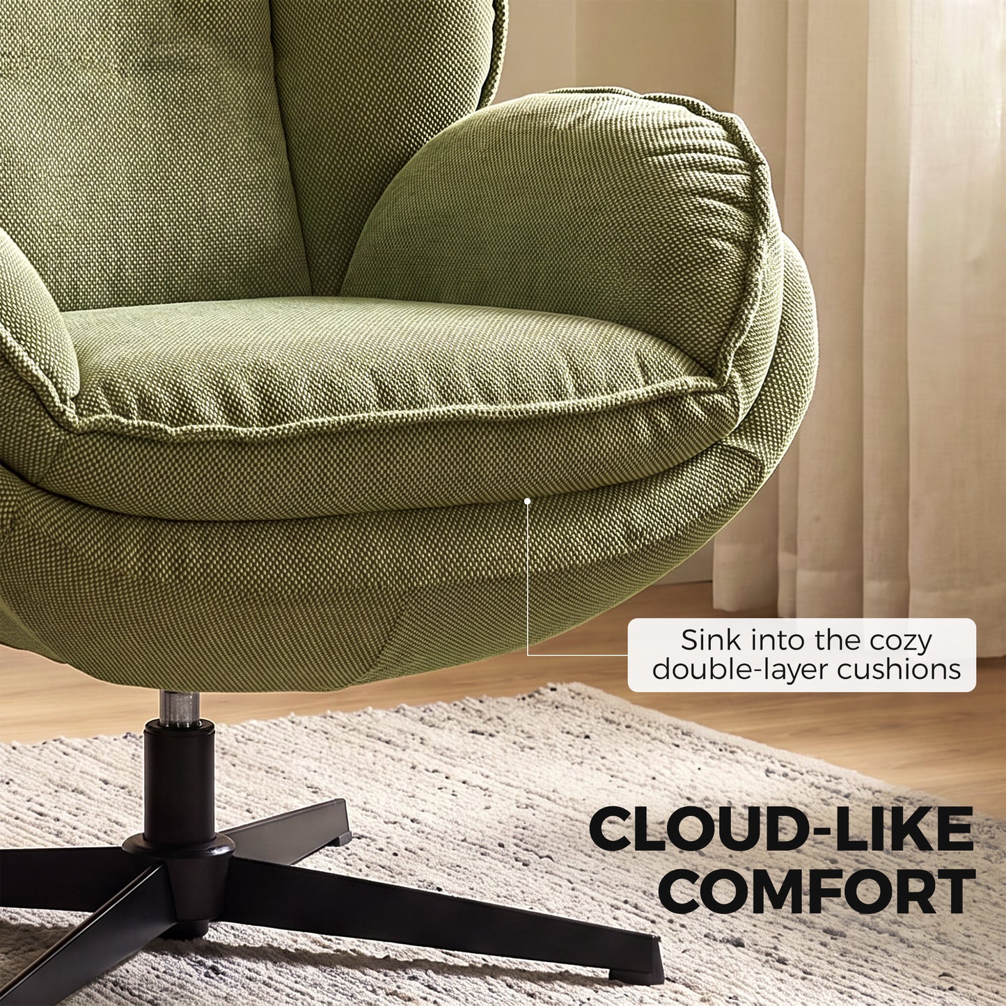 Armchair with Adjustable Footstool, 360° Swivel Chenille Cloud Accent Chair with Thick Cushion, Steel Base, Green