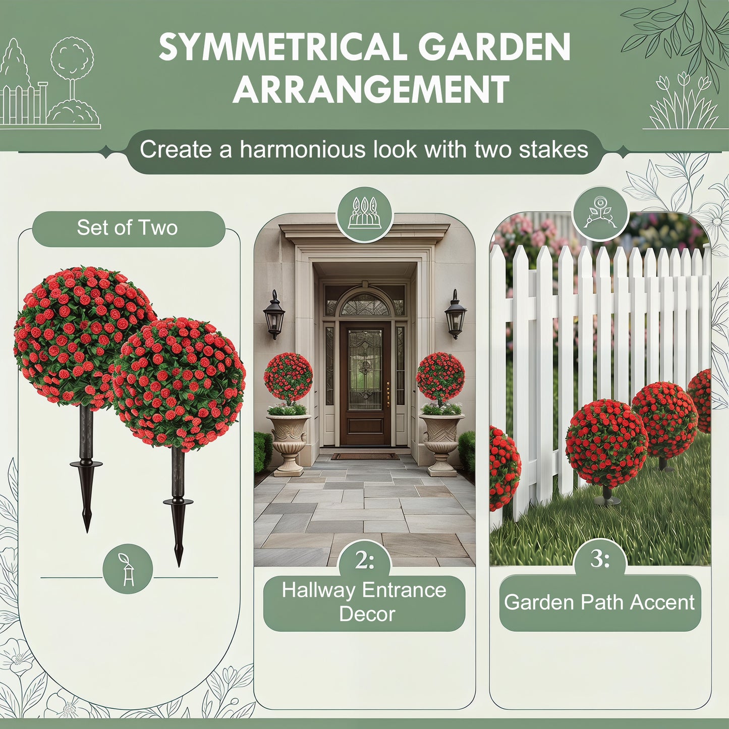Artificial Rose Topiary UV Resistant, 2-Pack Fake Plants, 55 cm, Red