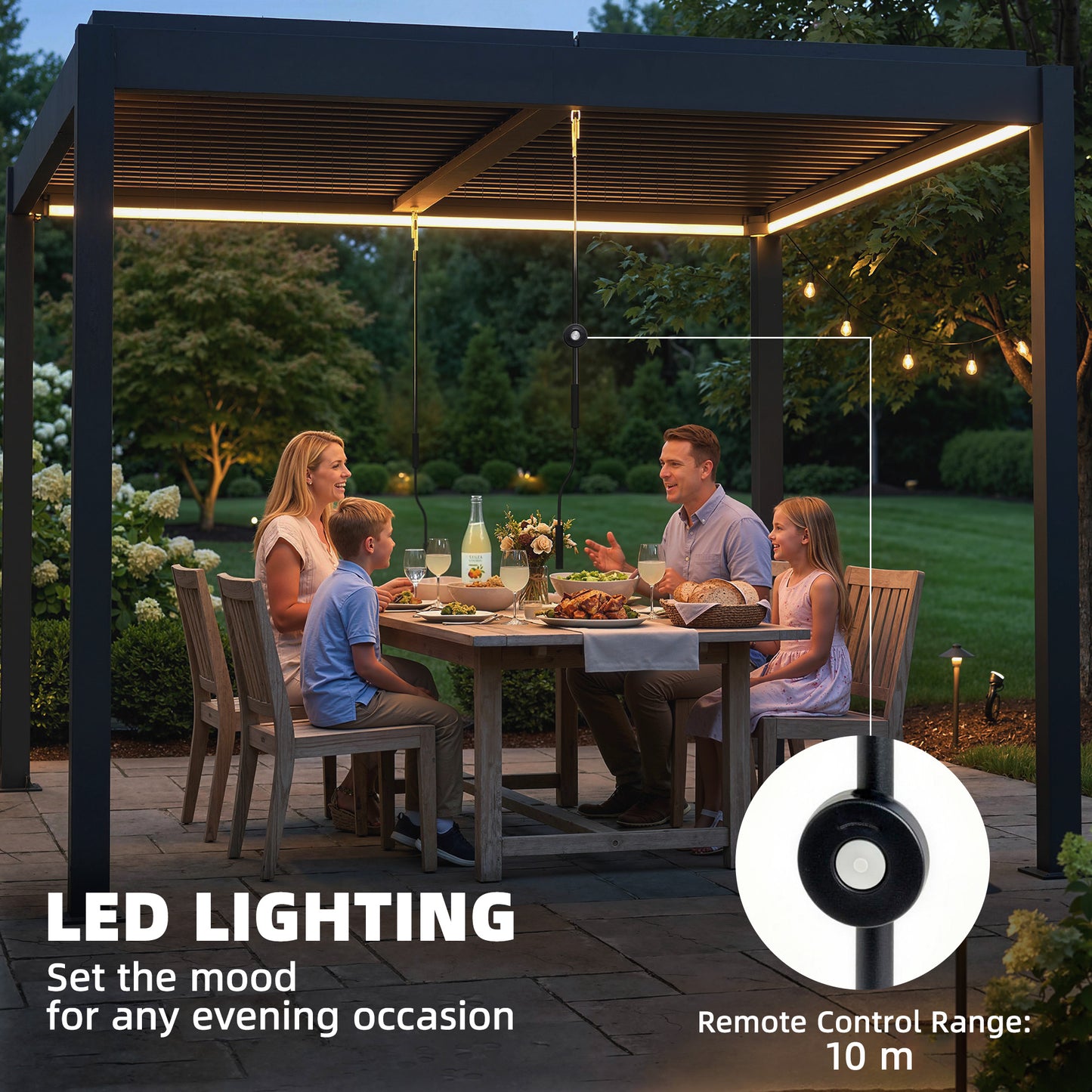 3 x 3 m Louvered Pergola with LED Lights, Metal Louvres, Aluminium Patio Gazebo Pergola, Dark Grey