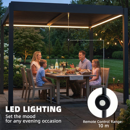 3 x 3 m Louvered Pergola with LED Lights, Metal Louvres, Aluminium Patio Gazebo Pergola, Dark Grey
