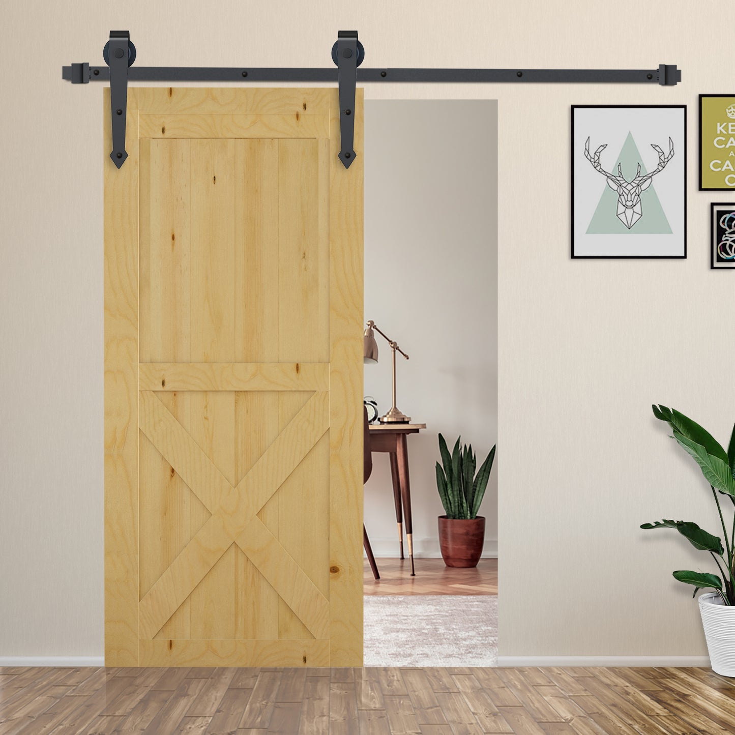 6.6FT/200cm Black Sliding Door Kit for Single Barn Door, Antique Sliding Barn Door Hardware Kit with J Shape Hanger