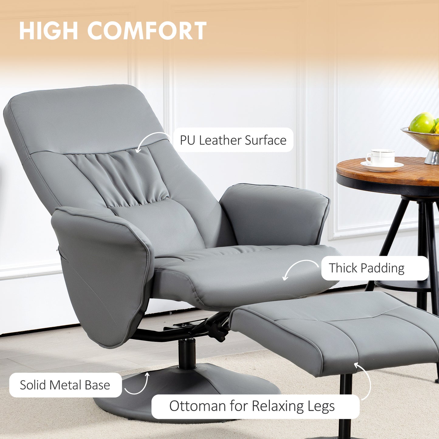 Swivel Recliner Chair with Footstool, PU Leather Armchair and Ottoman with High Back and Round Base for Living Room