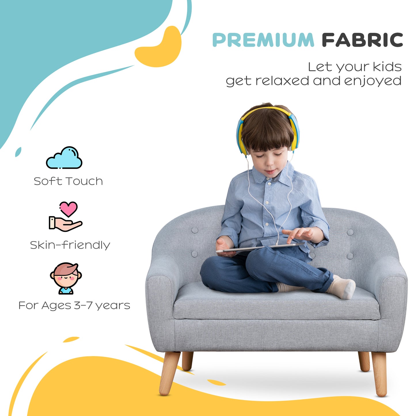 Children's Armchairs Kids Armchair Toddler Chair 2 Seater Wood Frame Mini Sofa for Bedroom Playroom Grey