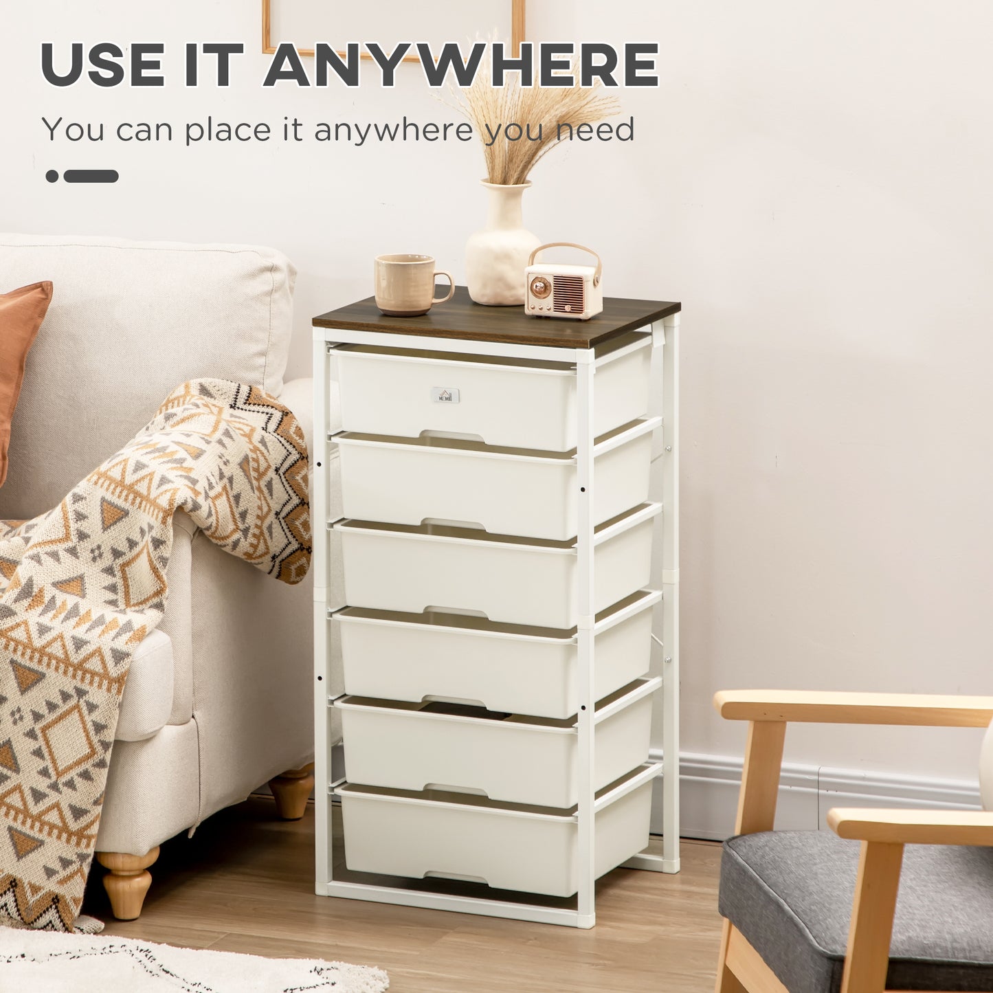 Bedroom Chest of Drawers, 6-Drawer Dresser, Tall Storage Drawer Unit with Steel Frame for Living Room, White