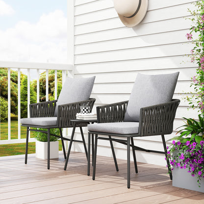 3-Piece Rattan Bistro Set, Garden Table and Chairs with 4 Cushions, Patio Rattan Conversation Furniture Set for Balcony