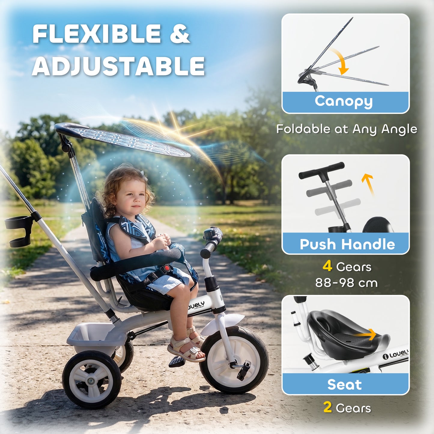 6 in 1 Tricycle for Kids with 5-point harness straps, Removable Canopy, Blue