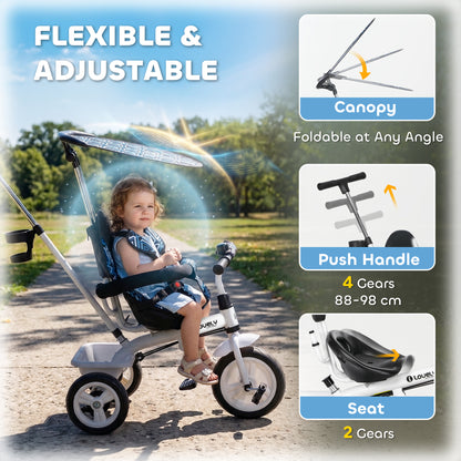 6 in 1 Tricycle for Kids with 5-point harness straps, Removable Canopy, Blue