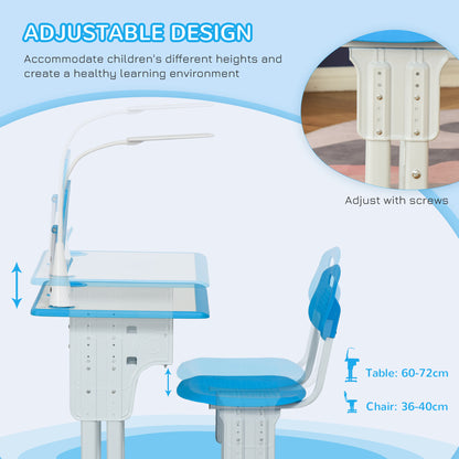 Kids Desk and Chair Set Adjustable Height Study Table Set with Drawer, Book Stand, Pen Slot - Blue