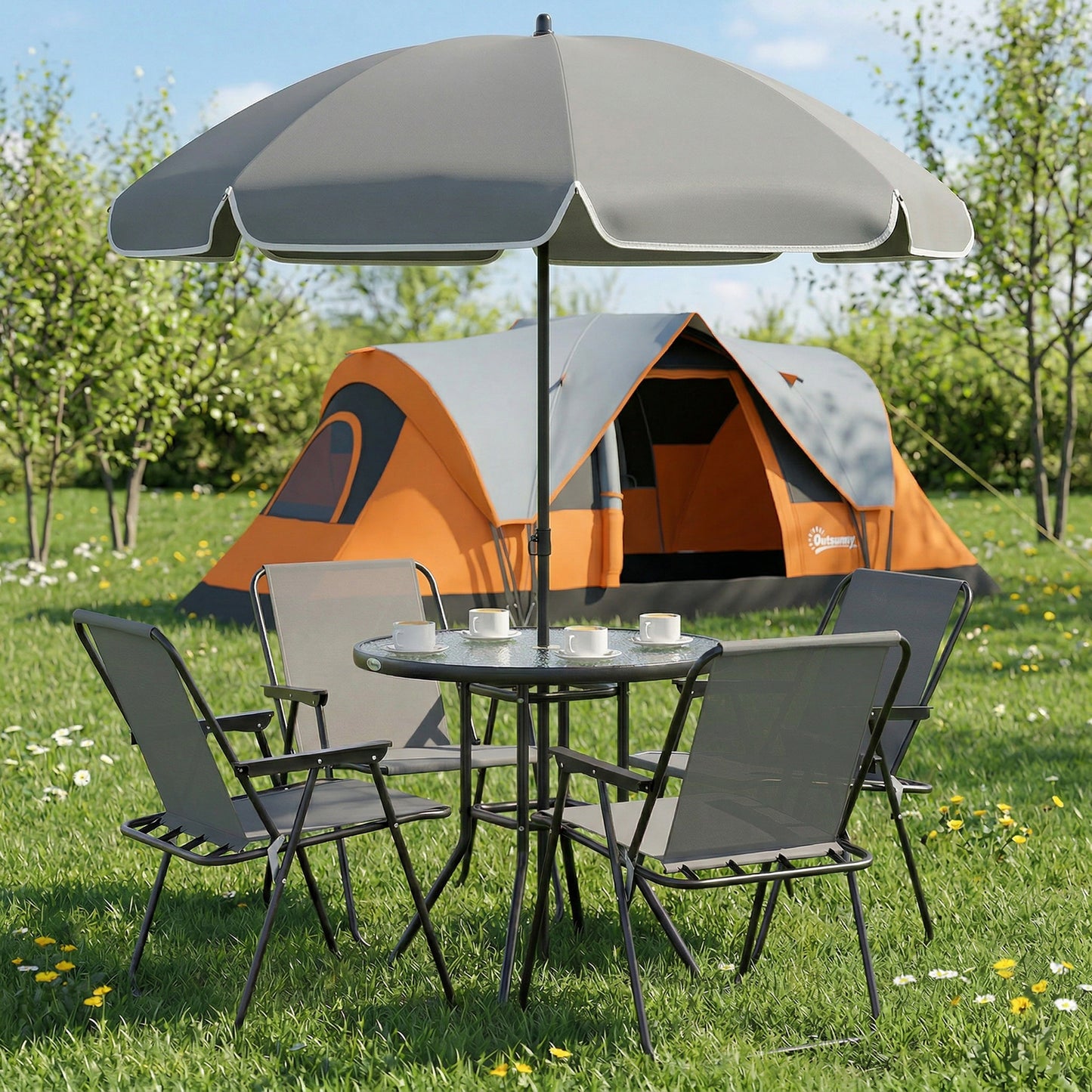 4 Seater Garden Furniture Set, 6 Pieces Garden Table and Chairs with Parasol, Outdoor Garden Dining Set