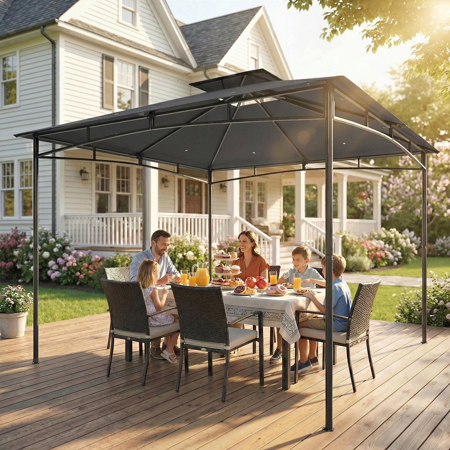 3 x 3 m Gazebo, Garden Gazebo with 2-Tier Roof, Metal Frame, Dark Grey