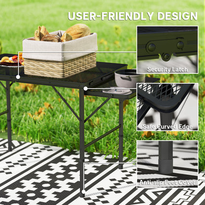 Folding Grill Table, 4.5ft Portable Camping Table with 2 Wing Panels, Height Adjustable Metal Picnic Table for Camping