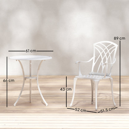3 Pieces Garden Bistro Set, Cast Aluminium Outdoor Dining Set with 2 Chairs and Round Table with Parasol Hole, White