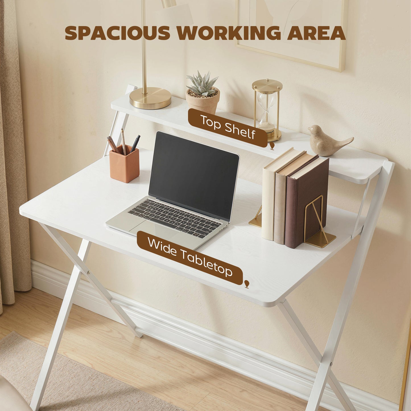 Compact Folding Desk for Small Spaces with Storage Shelf for Home Office, White
