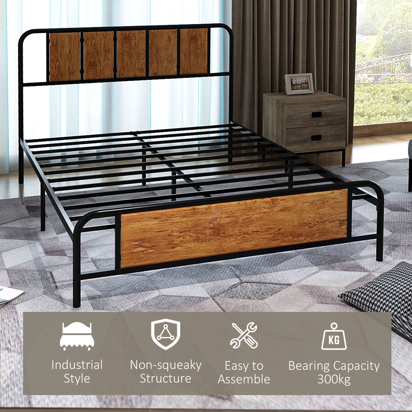 4.8ft Double Bed Frame with Industrial Wood Headboard, Steel Slat Support and 25.5cm Underbed Storage Space, 145 x 197cm