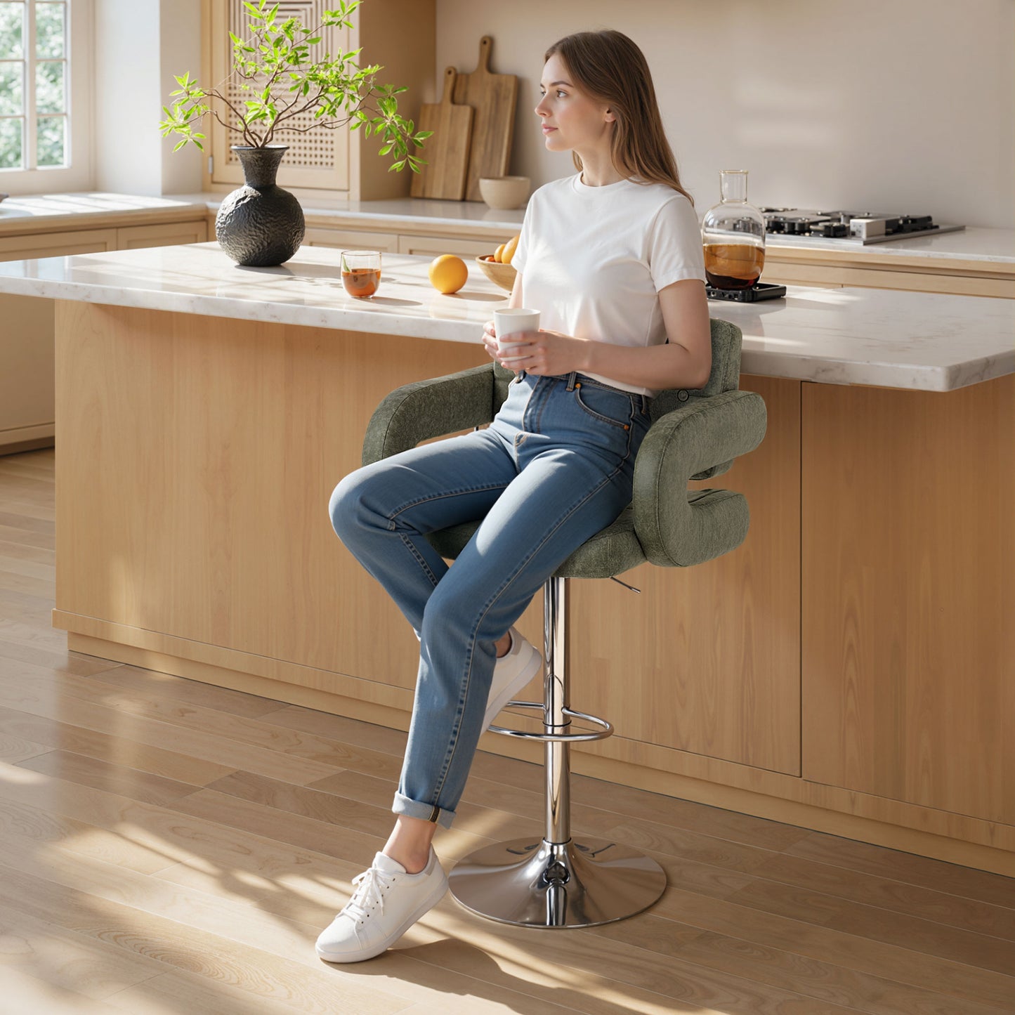 PU Leather Upholstered Swivel Bar Stool, Height Adjustable with Back, Armrest, Footrest, Green