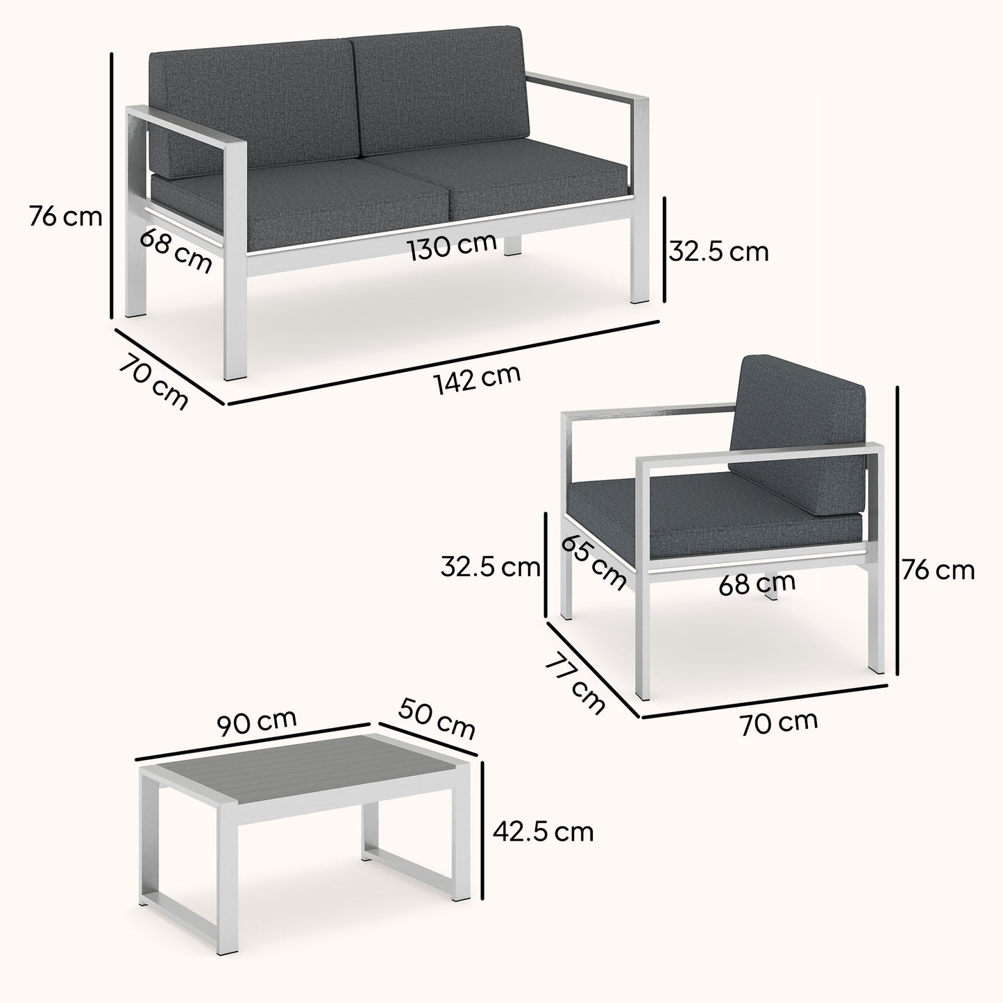 4 Seater Garden Furniture Set, Extra Wide Deep Garden Sofa Set with Olefin Cushions, Brushed Aluminium Frame, Dark Grey