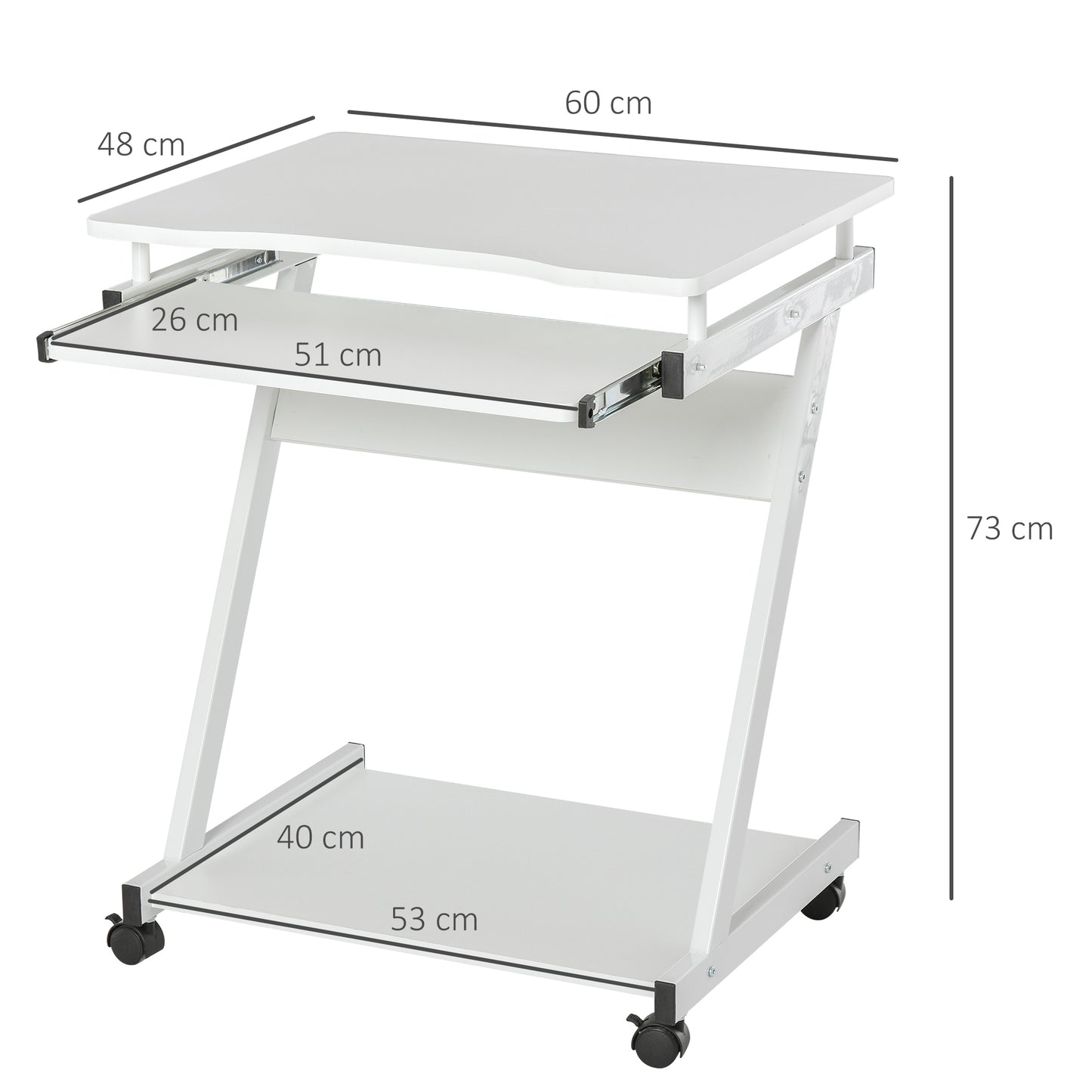 Movable Computer Desk with 4 Moving Wheels and Keyboard Tray White