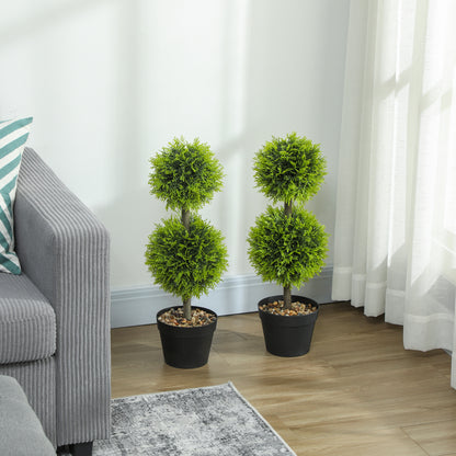 Set of 2 Decorative Artificial Trees, Topiary Ball-shaped Boxwood Trees in Pot with Cypress Leaves