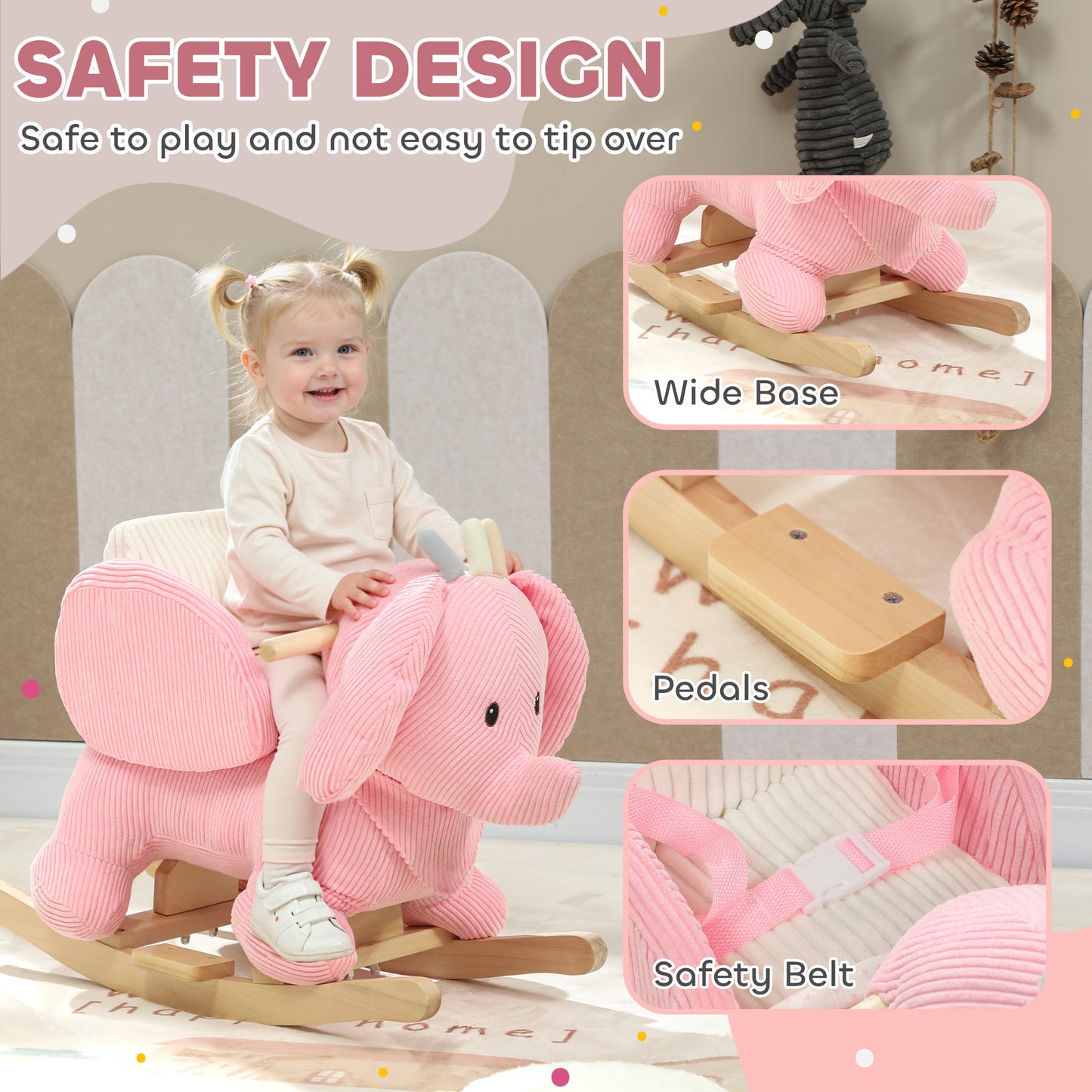 Kids Rocking Horse, Baby Ride on Elephant Rocker with Safety Belt and Sound for Toddlers 18 to 36 Months, Pink