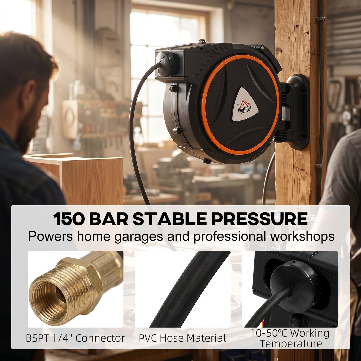 Auto Rewind Hose Reel, Retractable Air Hose Reel 20 m and 2 m, 150 Bar with 1/4" BSPT Connector, Black