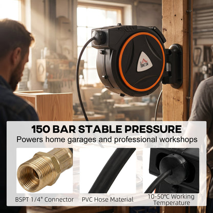 Auto Rewind Hose Reel, Retractable Air Hose Reel 20 m and 2 m, 150 Bar with 1/4" BSPT Connector, Black