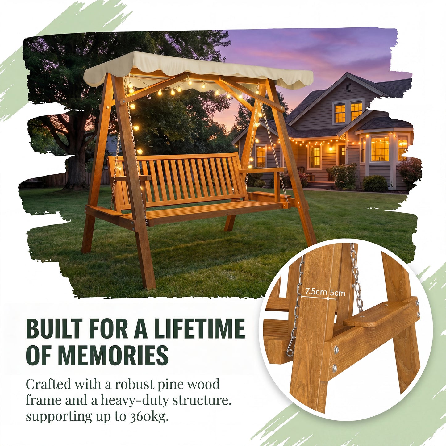 2 Seater Garden Swing Seat with Canopy, Wooden Swing Chair, Outdoor Hammock Bench for Balcony Patio Porch, Cream White