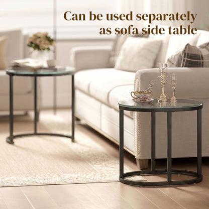 Nest of Tables with Steel Frame and Tempered Glass Tabletop, Modern Coffee Table Set of 2, Black
