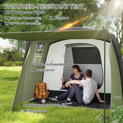Inflatable 3-4 Man Tunnel Tent w/ Air Pump, Living Area & Vestibule, Waterproof Family Camping Air Tent, Sewn In Groundsheet