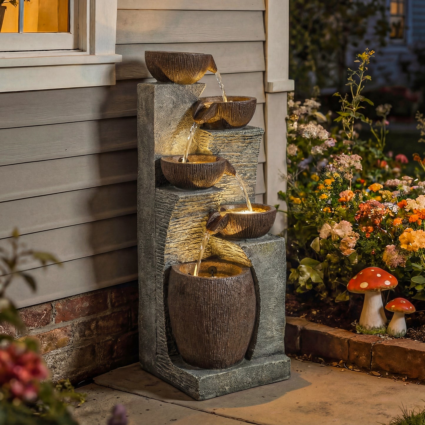 Outdoor Fountain with 5-Tier, Garden Fountain with LED Lights, Adjustable Flow, Grey and Rustic Brown