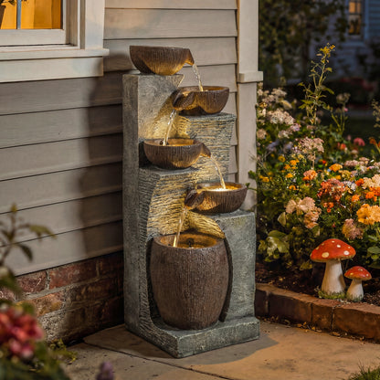 Outdoor Fountain with 5-Tier, Garden Fountain with LED Lights, Adjustable Flow, Grey and Rustic Brown