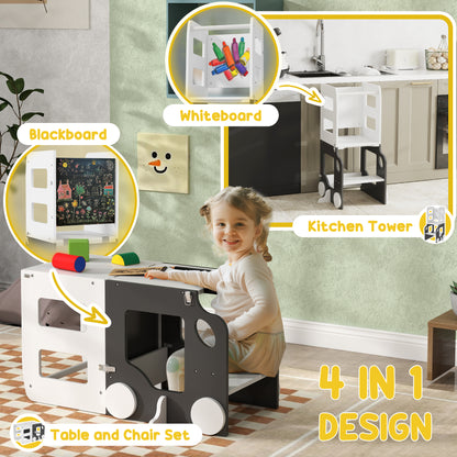 Toddler Step Stool, 4 in 1 Standing Tower, Foldable Toddler Step with Safety Rail, for Kitchen, Bathroom, Grey