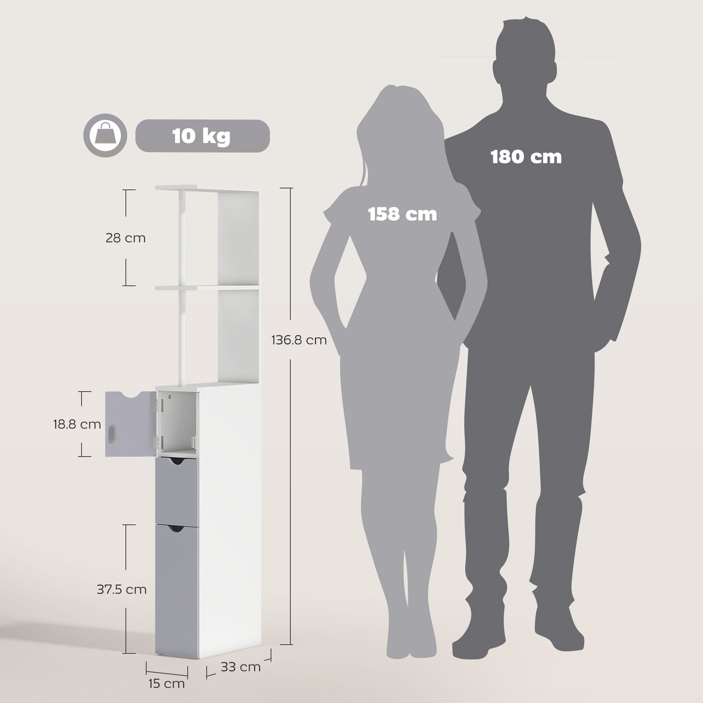 Tall Bathroom Cabinet, Freestanding Slim Bathroom Storage Cabinet with 2-Tier Open Shelf and 2 Drawers for Small Space