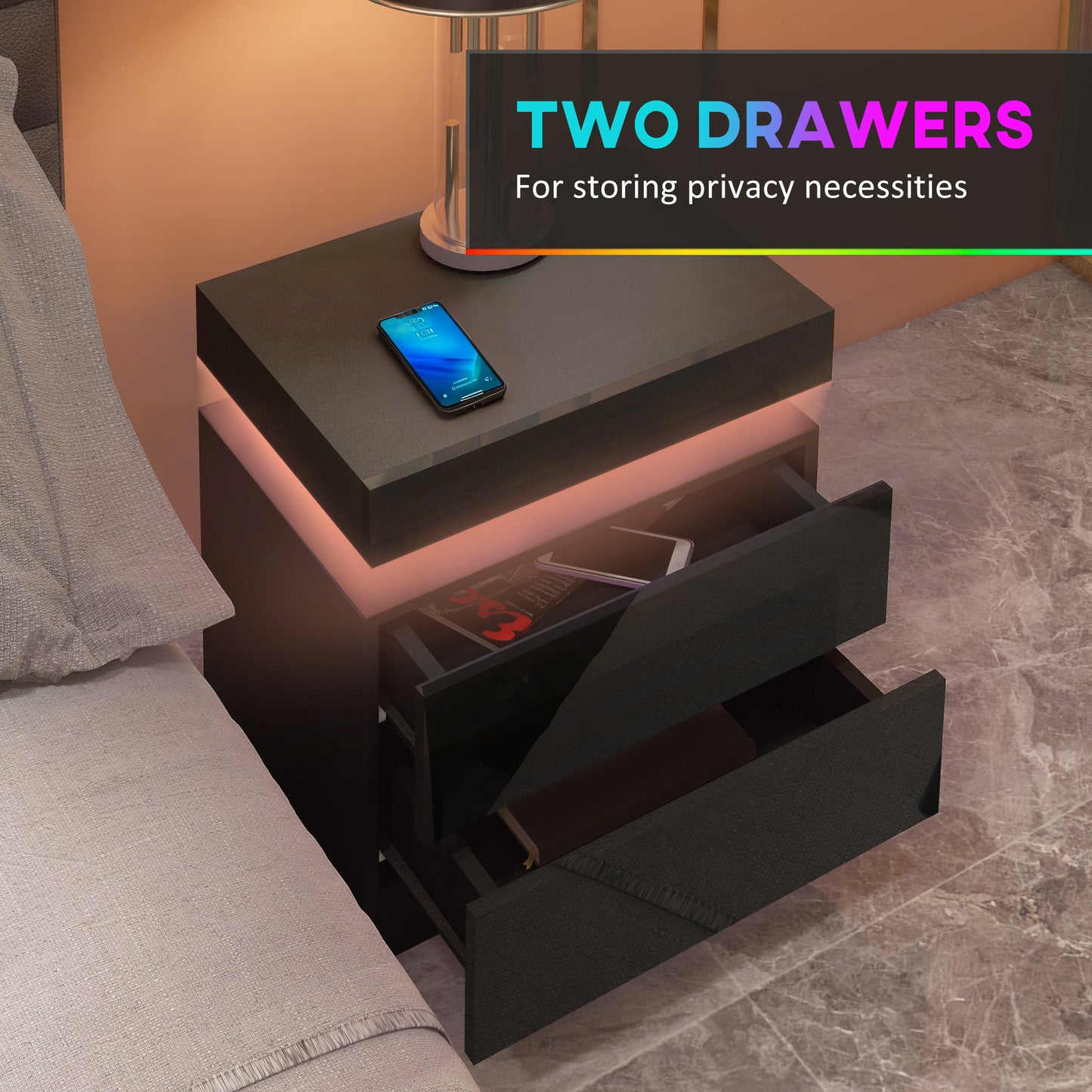 Black Bedside Table with LED Light, High Gloss Front Nightstand with 2 Drawers, for Living Room, Bedroom