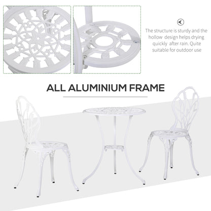 3 Piece Patio Bistro Set for 2, Outdoor Aluminium Garden Table and Chairs with Umbrella Hole for Balcony, White
