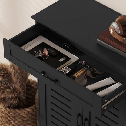 Shoe Cabinet with Louvered Doors, Modern Shoe Storage Cabinet with Drawer and Adjustable Shelves, Black